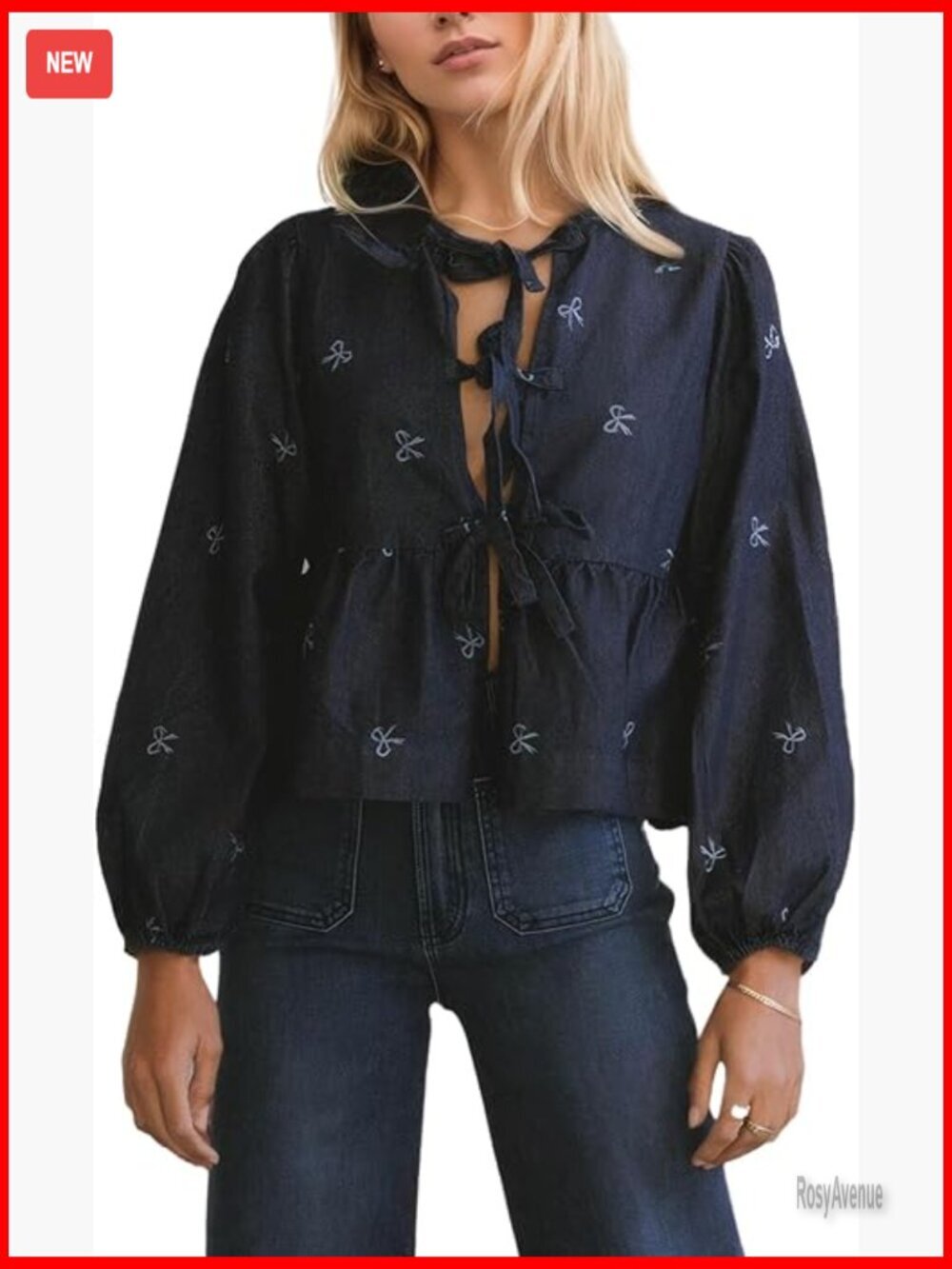 Denim Bow Print Cropped Blouse Puff Sleeve Tie Front